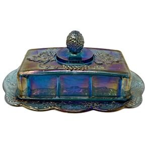 Imperial Glass Teal Blue Carnival Iridescent Grape Leaf Covered Butter‎ Dish MCM